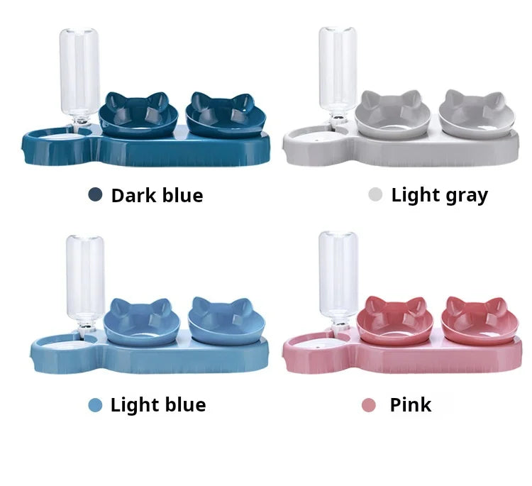 Pet Bowls with Water Feeder, 3 in 1 Ear Design Tilted Cat Water and Food Bowl Set with Gravity Water Bottle for Neck Protection
