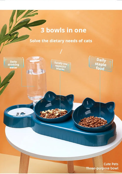 Pet Bowls with Water Feeder, 3 in 1 Ear Design Tilted Cat Water and Food Bowl Set with Gravity Water Bottle for Neck Protection